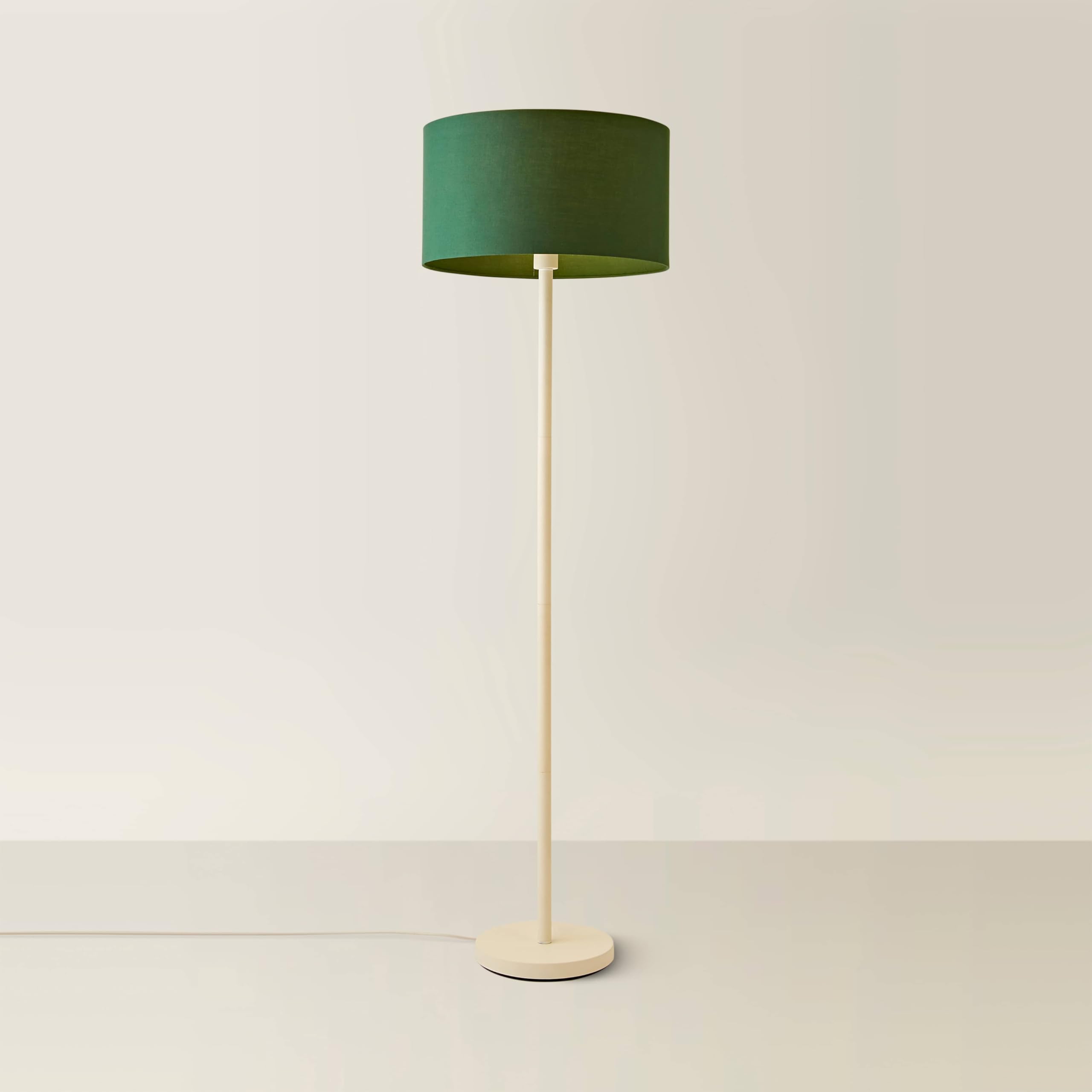 ValueLights Charlie White Metal Single Stem Floor Lamp with Fabric Drum Lamp Shade in Bottle Green