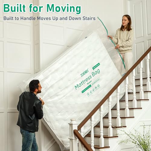 Image of ZCHENBS - Queen Mattress Bags for Moving, Waterproof Mattress Storage Bag with Zipper, Heavy-Duty 5 Mil Ultra-Thick Bed Protector Cover for Moving, Reusable (Transparent /Green, 2 Pack)