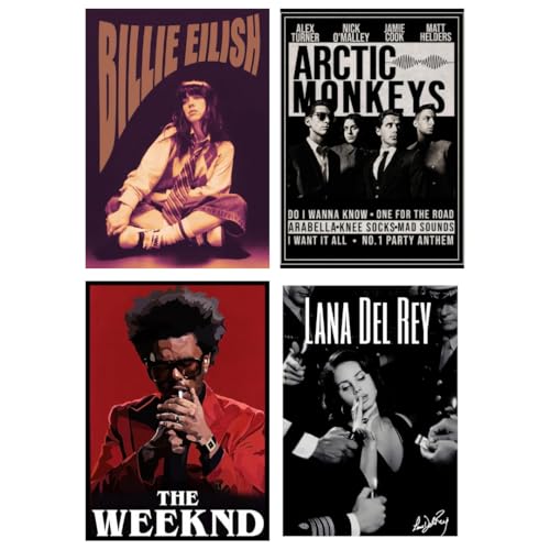 Image of ADIGRAFIX Aesthetic Grunge Music Posters for Room and Hostel Decor - Set of 4 Unframed Wall Posters The Weeknd, Billie Eilish, Arctic Monkeys, Lana Del Rey 9X12 inches