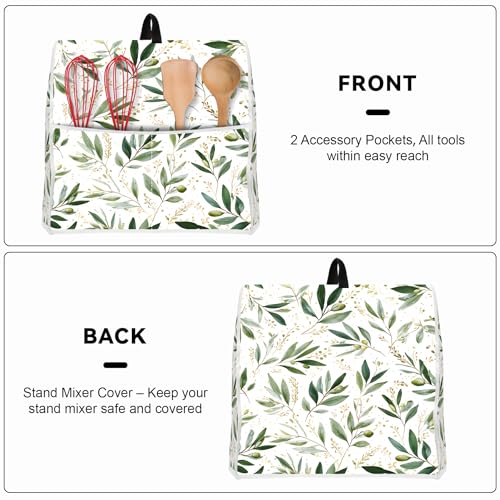 Image of Kitchen Dust Cover Compatible with 4.5 5 6 8 quart Stand Mixer, Kitchen Appliance Protective Covers with Top Handle and Pocket (Green Leaves, For All 6-8 qt Mixer)