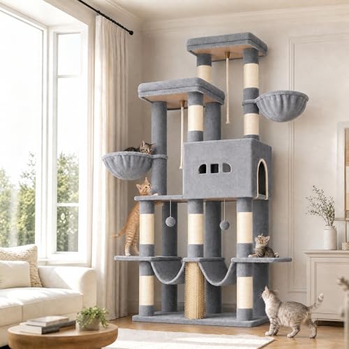 Hzuaneri Arbre à Chat, 176 cm, 2 Plateformes Extra-Larges, 2 Grandes Grottes, 9 Poteaux à Griffer en Sisal, 2 Hamacs, Panier pour Chat, Pompons, Convient aux Chats Maine Coon, Gris Clair MS17218LG