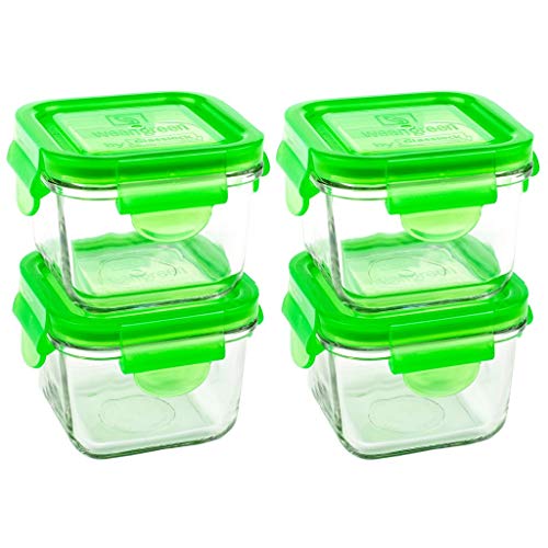 Wean Green Snack Cubes Tempered Glass Food Containers, Pea, Set of 4
