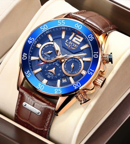 Image of LIGE Men's Watch Chronograph Genuine Brown Leather Strap Rose Gold Case with Date, Luminous Hand Analog Watches for Men | Gift for Men