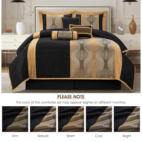 LANCO MODERN LIFESTYLE King Comforter Set, Black Gold, 15 Pieces Room in a Bag, Ultra Soft Jacquard with Patchwork, Luxury Bed Set with Sheets, Curtains, Bed Skirt, Pillow Shams, Cases and Pillows by LANCO MODERN LIFESTYLE - Used condition - Image 3