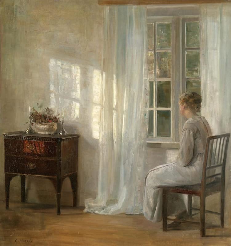 Peinture classique En attendant près de la fenêtre Carl Vilhelm Holsoe affiche toile 60x90cm