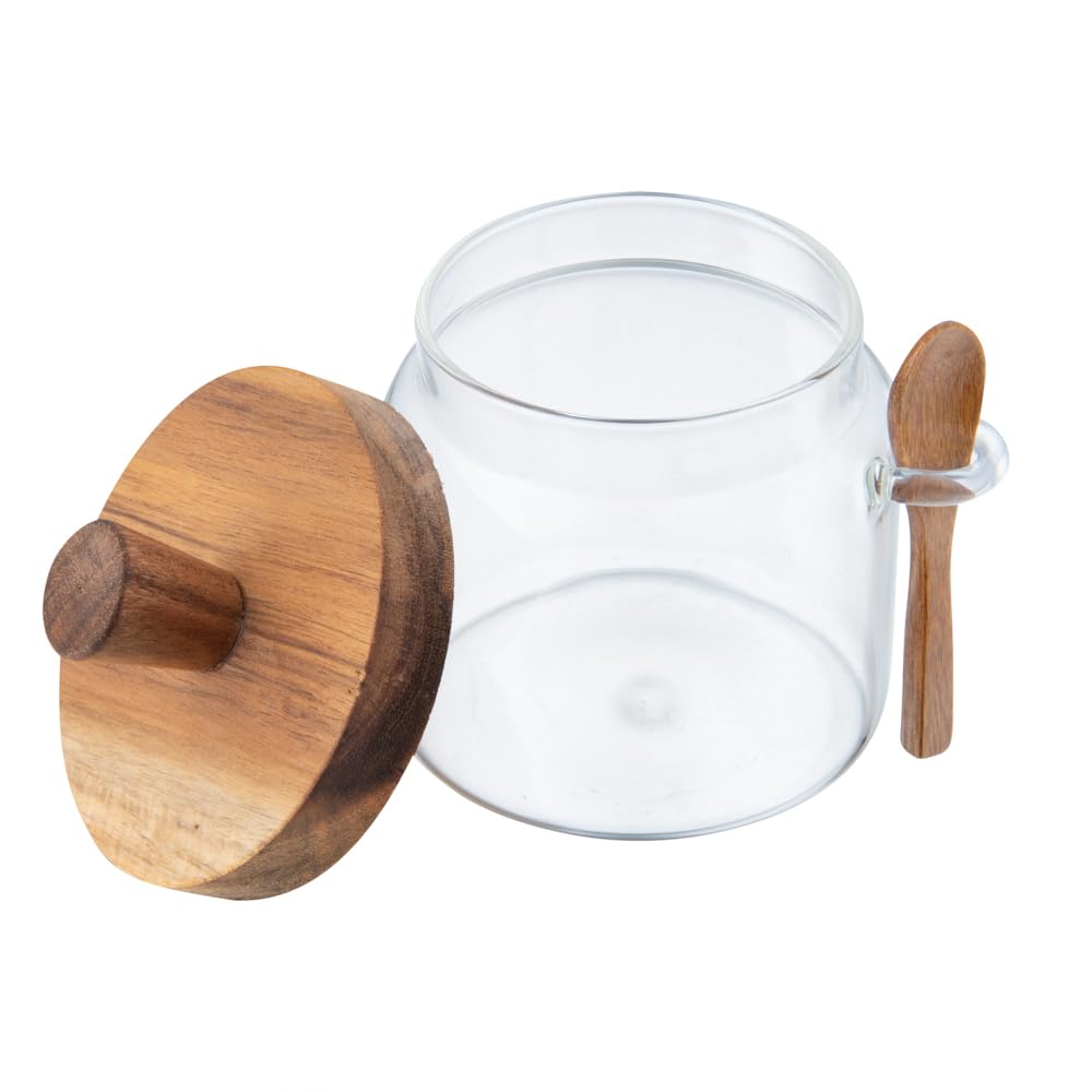 Restaurantware Vetri - Tarro de almacenamiento de vidrio de 17 onzas, con tapa de acacia, 3 1/4 pulgadas x 3 1/4 pulgadas x 5 pulgadas, 1 caja