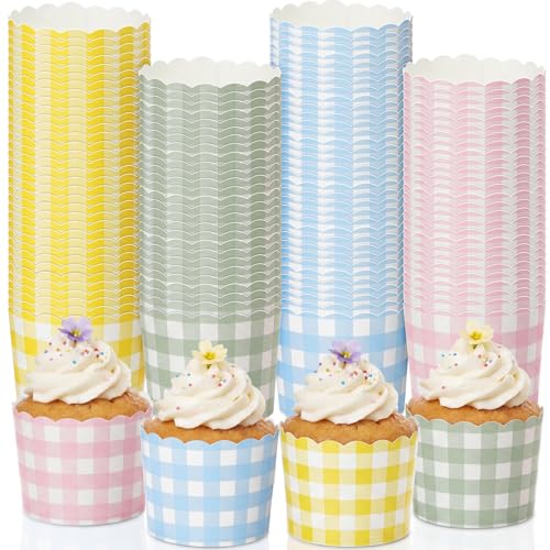 Qinyoung 120 Pcs Pastel Gingham Cupcake Liners Plaid Scalloped Paper Muffin Liner Baking Cup Checkered Cupcake Wrappers Ice Cream Cups for Birthday Wedding Bridal Shower Tea Party Supplies Decoration