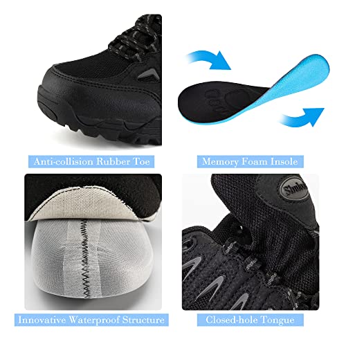 SHULOOK Men\'s Waterproof Hiking Shoes Non Slip Outdoor Low Top Lightweight Ankle Boots Breathable Hike Trekking Trails Work Shoe Black/Grey