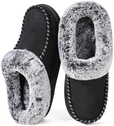 ULTRAIDEAS Women’s Memory Foam House Slippers with Hard Bottom, Fur Lined House Shoes with Non-Slip Rubber Sole for Indoor & Outdoor