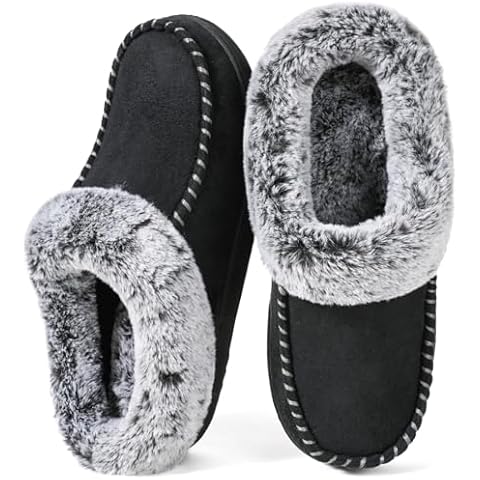 ULTRAIDEAS Women's Memory Foam House Slippers with Hard Bottom, Fur Lined House Shoes with Non-Slip Rubber Sole for Indoor & Outdoor (Black, 7-8) Cover