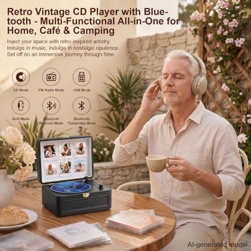Image of Gueray CD Player Portable Bluetooth: Retro CD Players with Speakers Vintage CD-Player 3600mAh Rechargeable & Radio & Remote Control Support USB /AUX Playback Headphone Jack (Black)