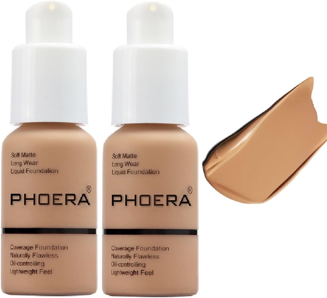 2 Pack PHOERA Foundation, Long-Lasting Waterproof Oil Full Coverage Flawless Soft Matte Liquid Foundation.105 San
