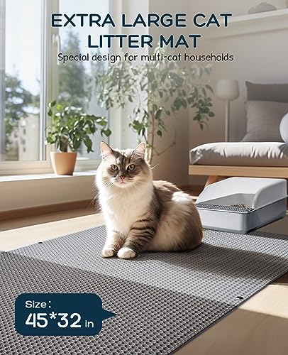 BurgeonNest 45\"x32\" Cat Litter Mat, Extra Large Litter Box Mat, Honeycomb Double Layer Kitty Litter Trapping Mat, Urine Proof & Waterproof, Easy Clean, Machine Washable, Non-Slip, Scatter Control