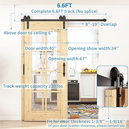 Zekoo 5Ft -12 Ft Single Track Bypass Barn Door Hardware Kit, Double Barn Door Hardware, For Overlapping Barn Door, Bypass Track, One-Piece Rail Low Ceiling 6.6Ft #TOP1