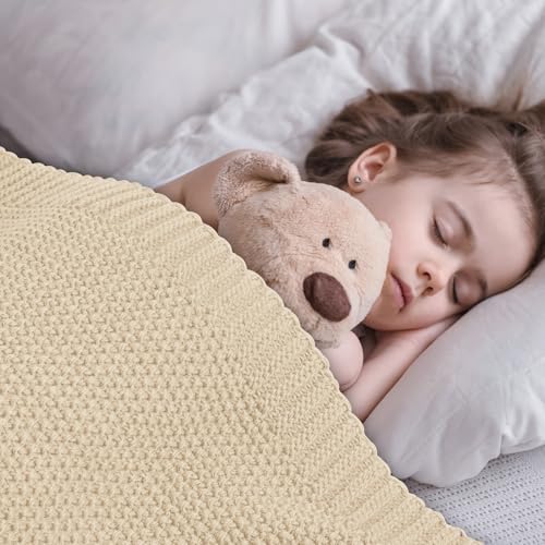 CozeCube Beige Throw Blanket for Couch, Soft Cozy Cable Knit Throw for Bed Sofa Living Room, Lightweight Warm Decorative Farmhouse Christmas Blanket, 60"x80", Light Beige