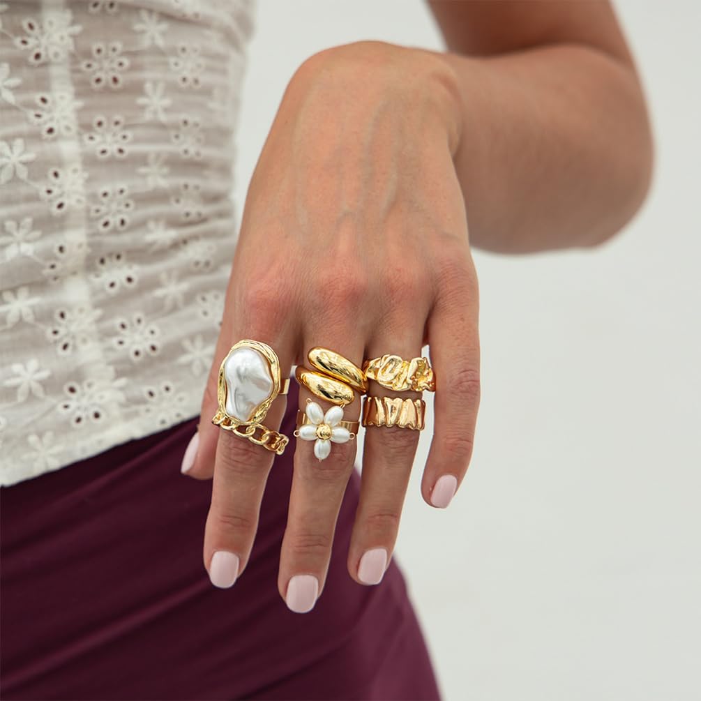 5Pcs Chunky Dainty Gold Flower Rings Stackable for Women Trendy, Statement Baroque Pearl Floral Silver Huggie Knuckle Ring Vintage Party Jewelry Gift - Image 8