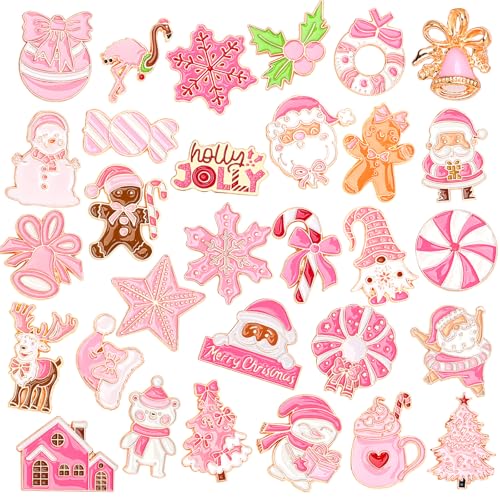 Image of SANNIX 60Pcs Pink Christmas Pins, Christmas Lapel Pins for Party Favors, Xmas Brooch Pin Santa Claus Snowflake Badge for Holiday Gift Clothes Bags Hats Accessories, 30 Styles