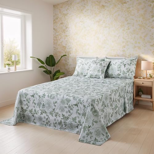 Image of FADFAY Sheets Set Full Vintage White and Green Floral Bedding Elegant Peony Sheets Set Shabby Rose Farmhouse Bedding 100% Egyptian Cotton 800 Thread Count Deep Pocket Fitted Sheet 4Pcs, Full Size