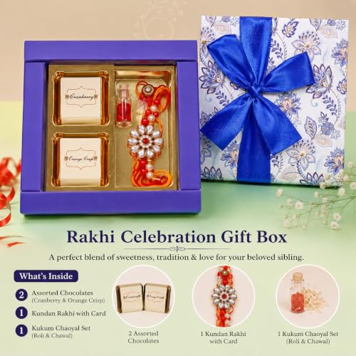 Image of VELVET FINE CHOCOLATES Rakhi Gift Box with Handmade Chocolates (Cranberry and Orange Crisp) Kundan Rakhi with Card & Kumkum Chawal Set | Raksha Bandhan Gift for Brother, Sister & Family