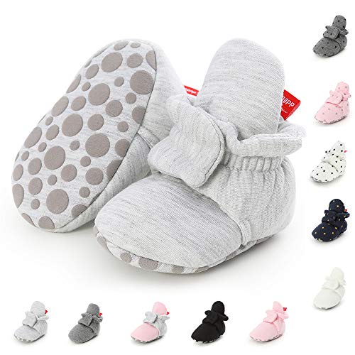 SOFMUO Baby Boys Girls Warm Fleece Booties Stay On Newborn Socks Infant Soft Sole Winter Slippers Non-Skid Cozy Cirb Shoes(Pure Light Gray,0-6 Months)