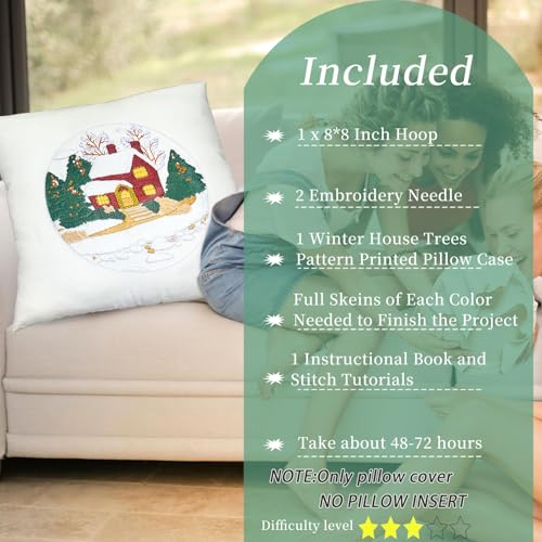 Image of FONNUY Christmas Embroidery Kit for Beginners, Throw Pillow Case Cross Stitch Set Winter Snow House Holly Tree Pattern for Adults, Hand Works Crafts Throw Pillow Cover, 18 x 18'' (White)