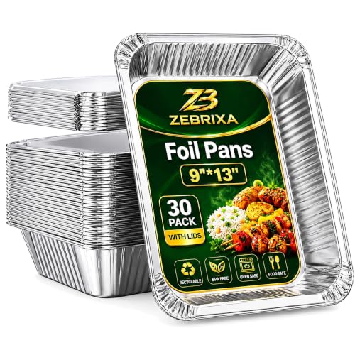 9x13 Aluminum Pans with Lids, 30 Pack (60 Pieces), Extra Heavy Duty Half Size Deep Disposable Foil Food Containers for Baking, Roasting, Cooking, Heating, Meal Prep, Food Storage, Catering & Parties