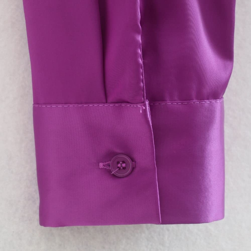 Blusa Donna,Camicette Estive Attillate A Pieghe con Risvolto A Tinta Unita Viola Vintage da Donna Manica Lunga Chic Elegante Casual Top alla Moda Camicia da Ufficio Allentata