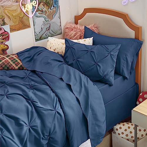 Image of Bedsure Twin Comforter Set Navy Blue - Bed in a Bag Twin Size Bedding 5 Pieces, GentleSoft Pintuck Bed Set Gift for Family, All Season Down Alternative Comforter with Sheets, Pillowcase & Sham