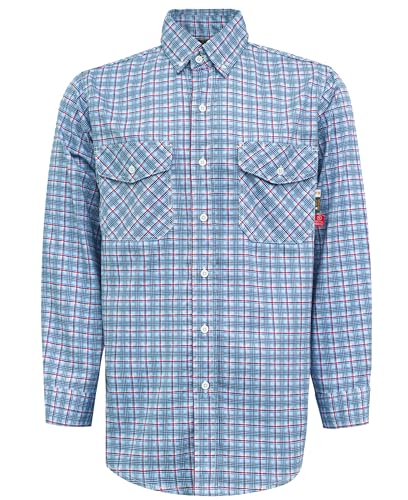 Image of KONRECO FR Shirts 6.5oz 100% Cotton Button Down Plaid Fire Resistant Work Shirts Flame Retardant Sapphire Blue Welding Shirt
