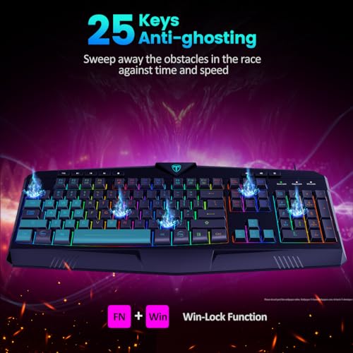 Image of Gaming Keyboard, Dacoity Full Size Rainbow LED Backlit Quiet Computer Keyboard, Wrist Rest, 8 Multimedia Keys, 25 Keys Anti-ghosting, Office Key, Waterproof Light Up USB Wired Keyboard for PC Mac Xbox
