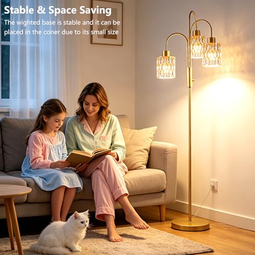 Image of 70 inch Glass Floor Lamp, 3-Light Gold Dimmable Standing Tall Lamp with Amber Ribbed Glass Shades &3PCS 3000K Warm White Bulbs, Modern Tree Pole Lamp for Living Room Bedroom Home Decor