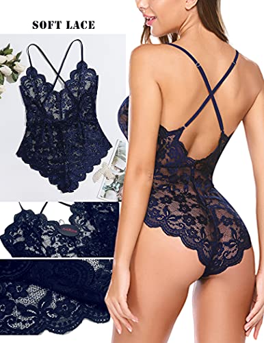 Image of Avidlove Sexy Lingerie for Women Deep V Teddy Sheer Lace Bodysuit Snap Crotch One Piece Babydoll