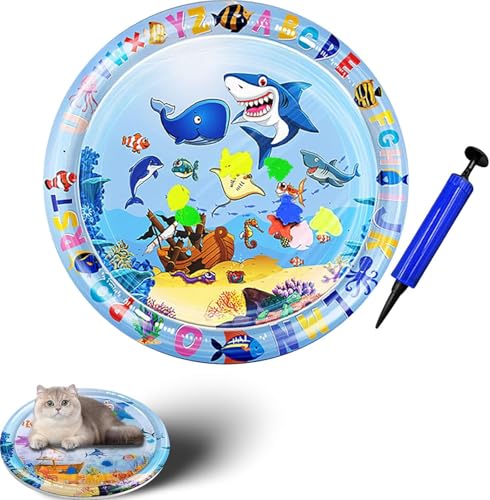 猫用ウォーターマット 傷防止 - 犬猫用プレイ&クールウォーターマット、自転車用ポンプ付き 厚みのある猫用ウォーターマット、夏用 クール インフレータブル 水センサープレイマット インタラクティブトイ