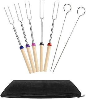 Ecloud Shop® Marshmallow Roasting BBQ Sticks - Set of 5 Telescopic Stainless Steel Skewers - Perfect Forks for Hot Dogs - Extendable to 32 Inches Long, 2pcs Free 304 Stainless Steel Grilling Sticks
