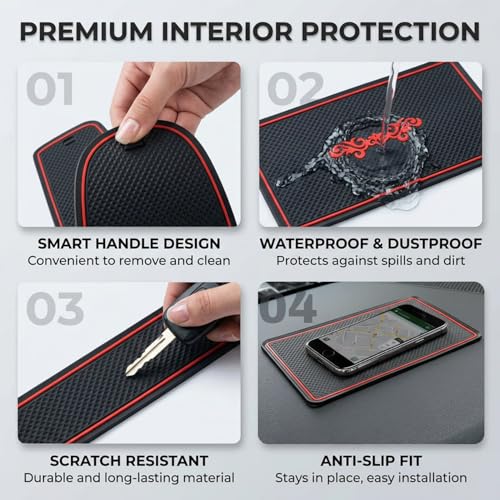 Image of Car Drome | Door Cup Bottle Mat Set for Kia Seltos Facelift 2023 to 2025 | Premium Non Slip Soft Rubber Inserts | Custom Fit 17 Pieces | Red Trim Interior Car Accessories | Dustproof Washable