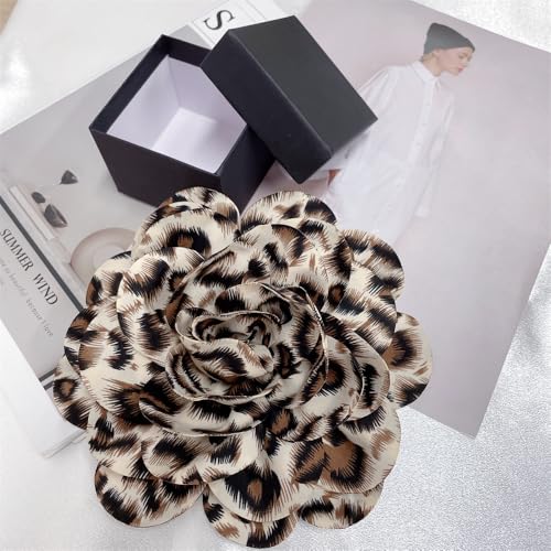 Image of Dainty Fabric Leopard Rose Flower Large Brooch Lapel Pins Handmade Big Flower Brooches Pin Classic for Women Wedding Party Dance Banquet Dress Suit Clothes Accessories Jewelry Gifts 190mm