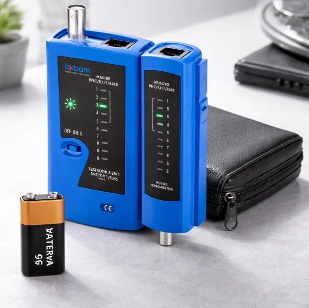 Testador de Cabo de Rede RJ45 RJ11 Coaxial 3 em 1 com Bateria e Bolsa de Couro