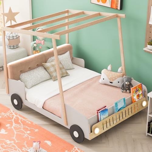 Jintop Full Size Pillow,Ceiling Cloth Light LED,Magazine Holder,Wood Car-Shape Bed for Boys Girls,Bedroom Furniture for Children,Natural