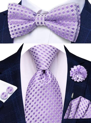 Image of Hi-Tie 5Pcs Mens Solid Color Silk Tie Satin Pretied Bowtie Lapel Pin for Men Handkerchief Cufflink Wedding Gift Box