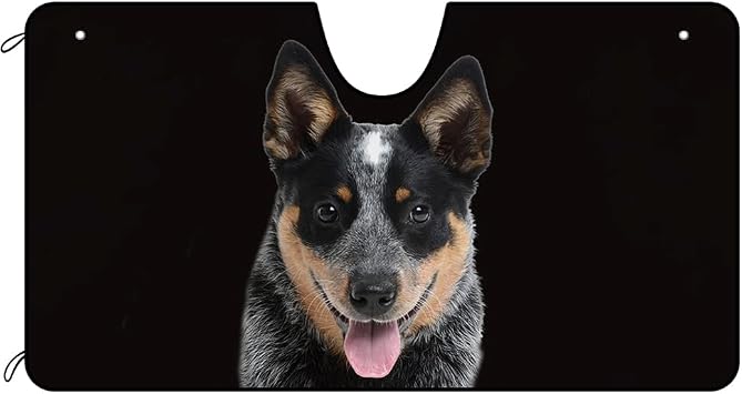 Dog Car Front Windshield Sunshade Blue Heeler Puppy Black Vehicle Sun Shade Visor UV Ray Reflector Sun Protector, Keep Vehicle Cool, 55" x 30"
