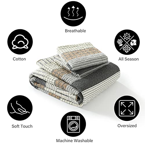 Image of PANGUSHAN 100% Cotton Quilt Set Queen Size, Patchwork Queen Quilt Bedding Set Bedspreads, Farmhouse Lightweight Comforter Reversible Quilt, White /Brown /Grey Bed Spread for All Season, 3 Pieces