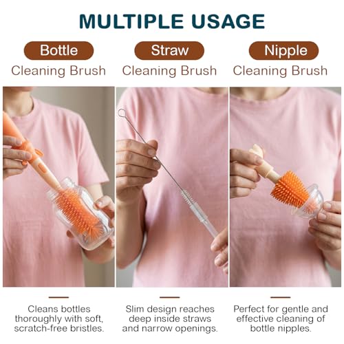 Image of TONY STARK Baby 3-in-1 Silicone Bottle Cleaning Brush Set | 360 Rotatable Handle, BPA-Free Soft Bristles for Cleaning Bottles, Nipples & Pacifiers Safely (Red)