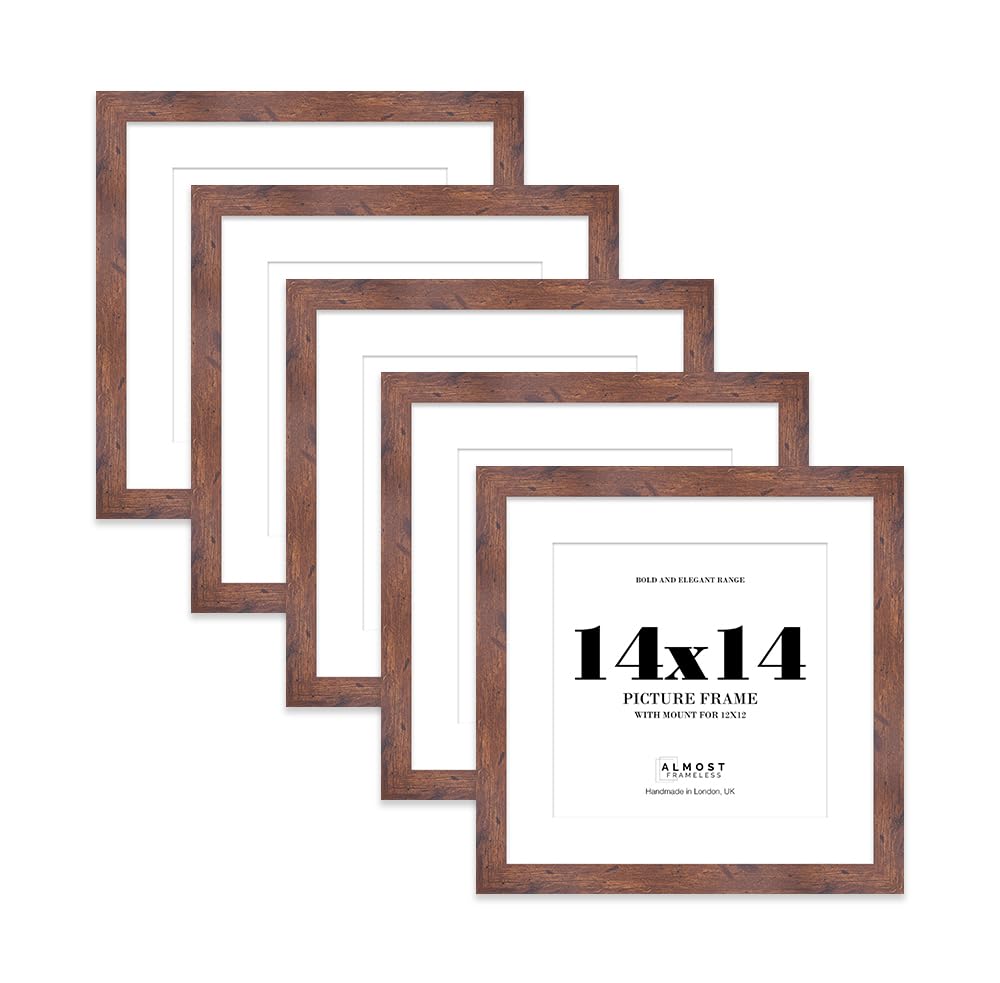 14x14" Rustic Wood Square Frame With Mount for 12x12" Pictures 28mm Edge Frame Display with Wall Hooks, 5 Pack
