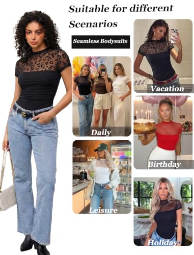 Image of Avidlove Women's Short Sleeve Bodysuit Turtle Neck Body Suits Mesh One Piece Leotard Going Out Tops Date Outfits