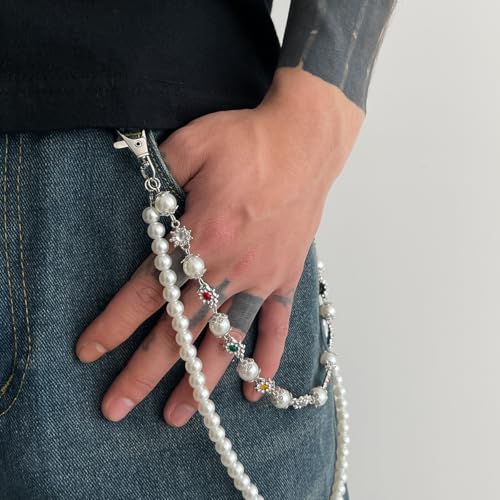 Image of Layered Pants Wallet Chain for Men Women Rhinestone Flower Pearl Wallet Chain for Women Fashion Street Pocket Jeans Chains Keychain Punk Jewelry