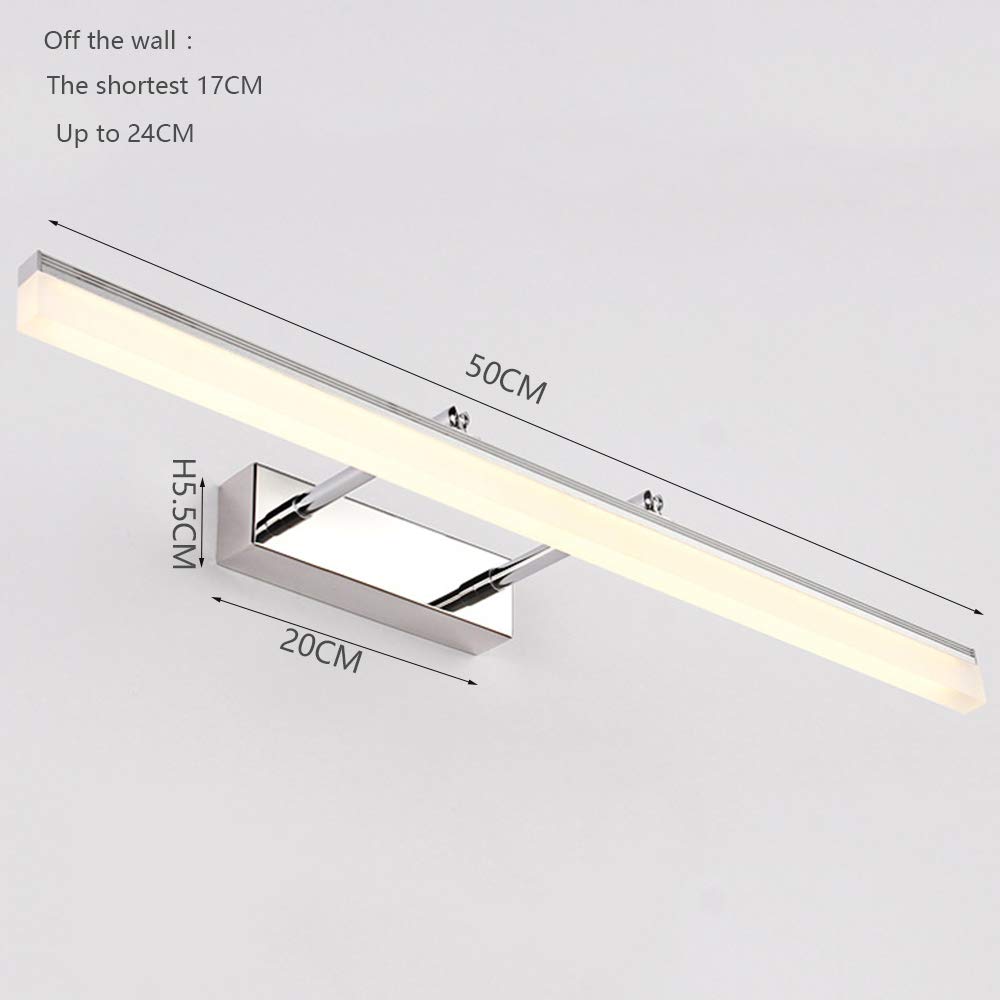 Chrom Rechteck Spiegellampe Strecken LED Spiegelleuchte 180 ° Drehung Spiegel Frontlicht Wasserdicht Beschlagfrei Badezimmer Toilette Schminktisch Beleuchtung,Warmweiß L60CM 14W,50cm warm white
