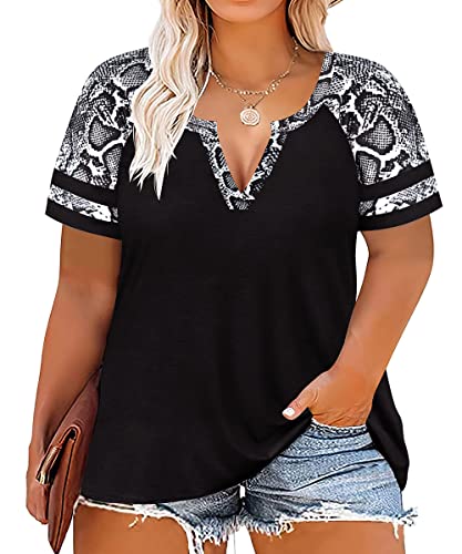 Image of CARCOS Plus Size Tops for Women Short Sleeve Summer Pullover Color Block Crewneck /V Neck Tee Tunic Loose Fit Tshirts XL-5XL