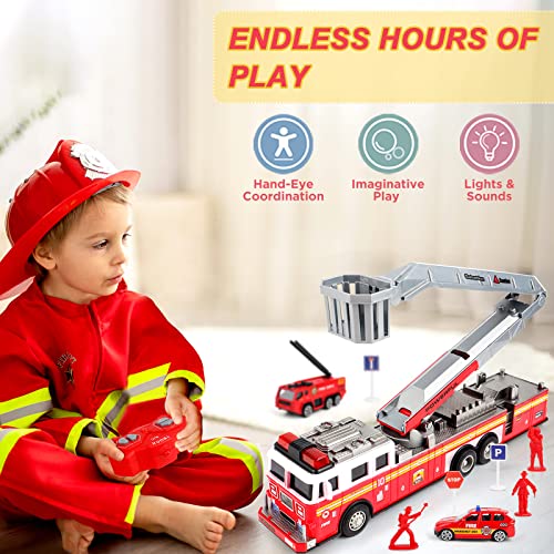 Deao Fire Truck Toys For Boys With Lights And Sounds,Rc Remote Control Firetruck With Fodable 360 Rotating Ladder,Pull Back Vehicles Toys Gifts For 3 4 5 6 Boys Girls Kids (Classic Edition) #TOP3