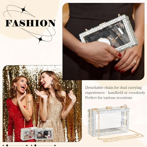 Image of Dansydaisy Clear Rhinestone Clutch Purse for Women, Acrylic | Evening Bag with Gold Chain Strap, Transparent Crossbody Handbag for Wedding, Prom, Party and Stadium Events