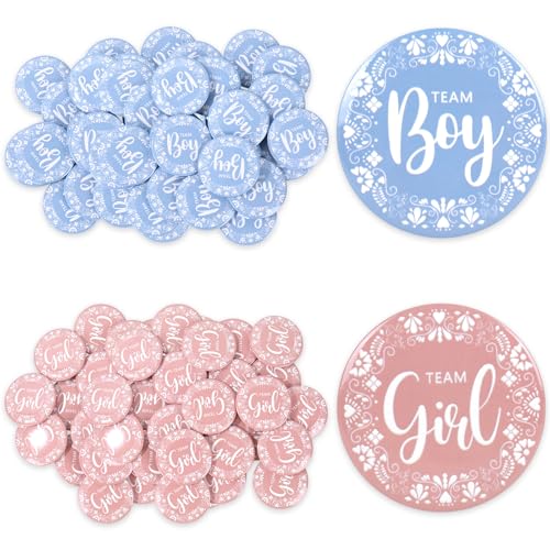 Whaline 50 Pcs Cielito Lindo Gender Reveal Button Pink Blue Pins Team Girl Boy Buttons Badges for Baby Shower Party Favors Game Supplies, 1.8 In